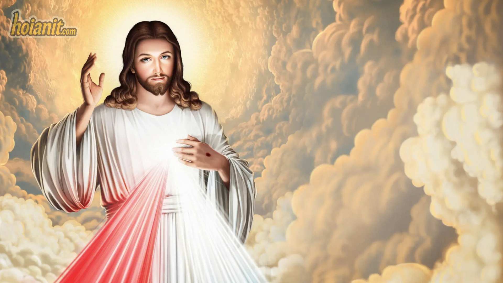 Ảnh Lòng Chúa Thương Xót với hai luồng sáng đỏ và trắng